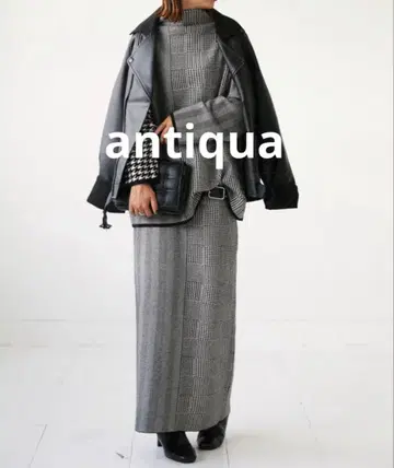 미사용 antiqua 하운드투스 체크 패턴 절개 니트 스커트