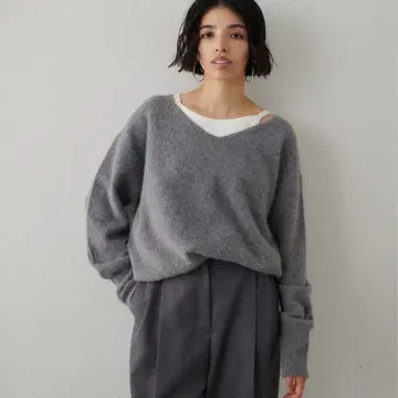 Whim Gazette 폭스 울 V넥 풀오버 그레이