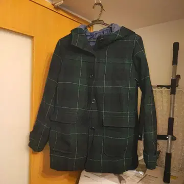 울 혼방 후드 부착 자켓 체크 무늬