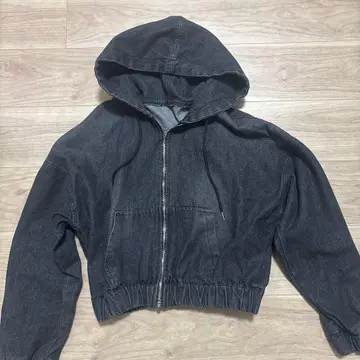 데님 후드티 블랙 더블 지퍼 숏 기장