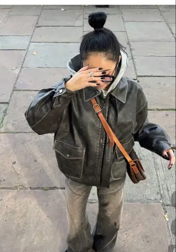 NUGU 빈티지 워시 플랩 포켓 가죽 블루종