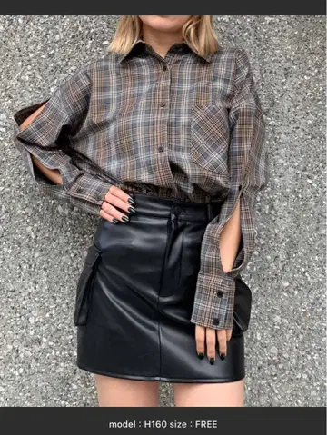 ENVYM 암 슬릿 체크 셔츠 그레이