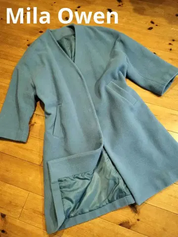 Mila Owen 블루 롱 코트 양모 믹스 노카라 코트 두꺼운 원단