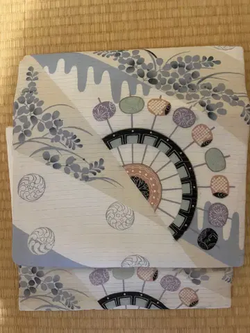 앤티크 명주 나고야 오비 바퀴와 억새꽃 무늬