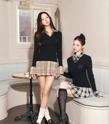 택 포함 새상품 Randy 커비 니트 체크 도킹 원피스 베이지