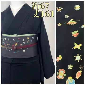 기모노와 오비 시류 I25969t 순수 실크 이로무지 지몬 블랙