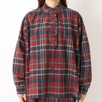 미사용 새상품 면린넨 체크 프릴 블라우스 레드