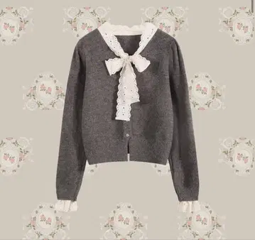 LA POMME PETIT 리본 레이스 파이핑 가디건