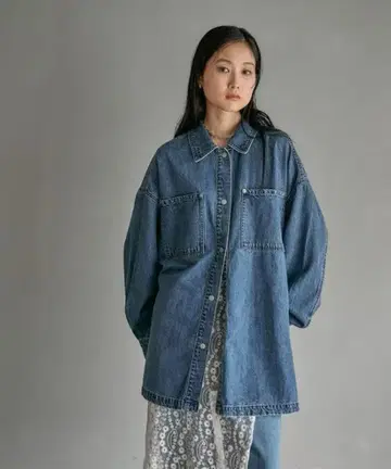 LEPSIM 프린지 패치 BIG 데님 셔츠