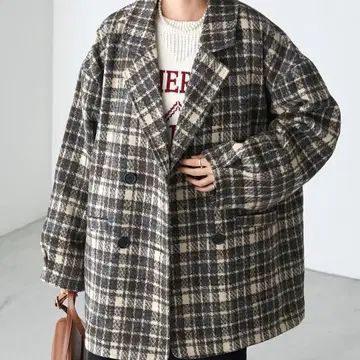 BONLECILL 부클레 기모 체크 무늬 더블 자켓 코트