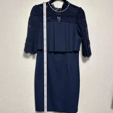 네이비 레이스 소매 프릴 드레스 약 90cm 기장