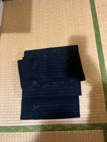 앤티크 나고야 오비 블랙 스트라이프 꽃무늬 자수