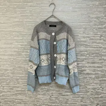 두라두라 노르딕 무늬 니트 가디건 기하학 패턴 긴팔 스카이블루