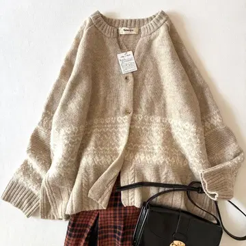 [미사용 택 포함] 츠무구 노르딕 무늬 울 가디건 베이지 V넥