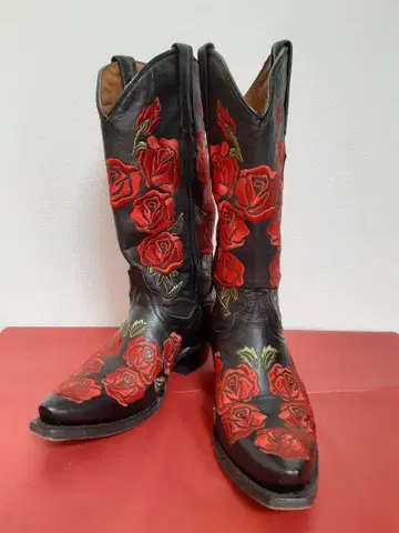 장미 자수 블랙 가죽 웨스턴 부츠 23.5