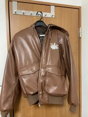 9090 브라운 가죽 자켓 후드 부착