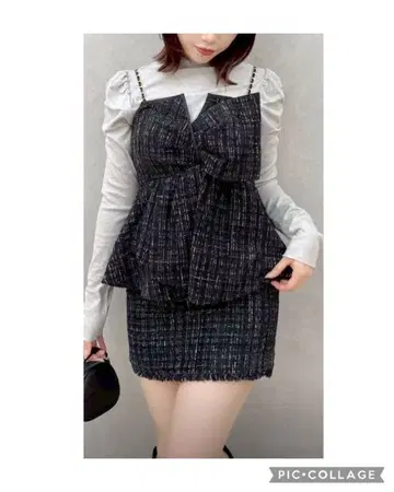 dazzlin 트위드 트위스트 뷔스티에 블랙 리본 오프숄더 상의