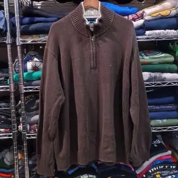 타미힐피거 하프 지퍼 코튼 니트 브라운