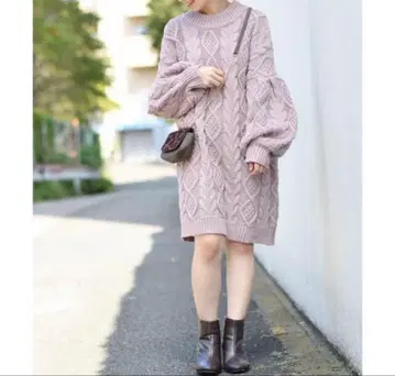 핑크 케이블 니트 긴팔 원피스