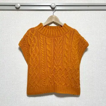 로리즈팜 케이블 니트 베스트 오렌지 F 사이즈 울 혼방 두꺼운 원단