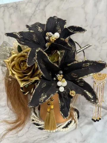 신상품 No.2223 블랙 카사블랑카 & 골드 로즈 머리 장식 세트