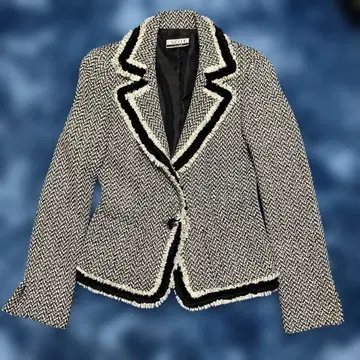 테일러드 자켓 화이트 블랙 트위드 프린지