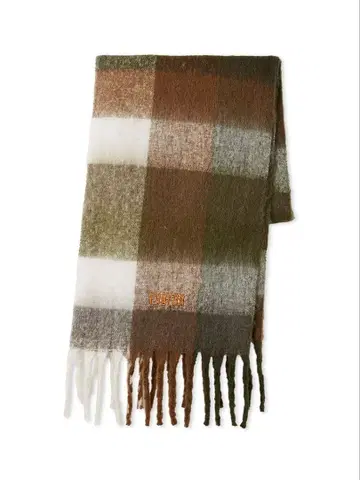 FURFUR 로고 자수 블록 체크 프린지 스톨 브라운