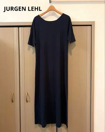 요건 레일 네이비 반팔 롱 원피스