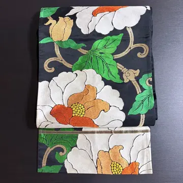 후쿠로 오비 순수 실크 육통 무늬 모란 꽃무늬 당초 블랙 베이스