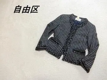 컨디션 최상 자유구 트위드 노카라 자켓 네이비 계열 38