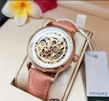 여성용 엘레강트 자동 와인딩 스켈레톤 투르비옹풍 손목시계 핑크