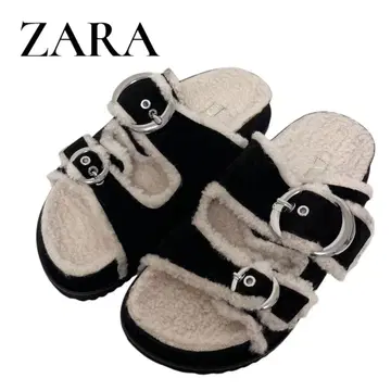 [ 새상품 ] ZARA 자라 퍼 샌들 무스탕 복슬복슬 통굽 37