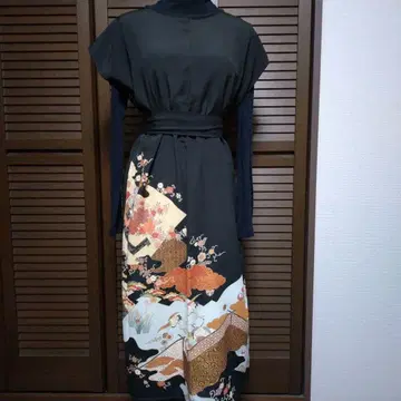 순수 실크 블랙 전통 예복 기모노 원피스