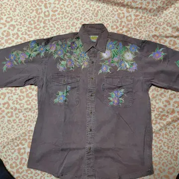 손글씨풍 꽃무늬 긴팔 셔츠 보라색 빅 사이즈 데님 셔츠 면 소재