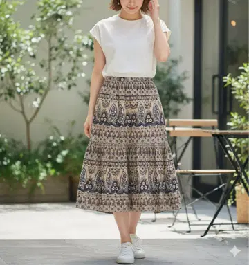 그린 라벨 릴랙싱 종아리 기장 꽃무늬 스커트 플레어 코튼 40