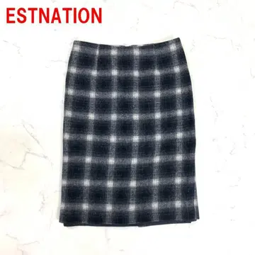 A6757 에스트네이션 미디 스커트 울 체크 블랙 36