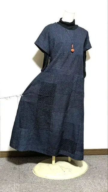 서생  네이비 나염 빈티지 원단 기모노 리메이크 롱 원피스 B 12