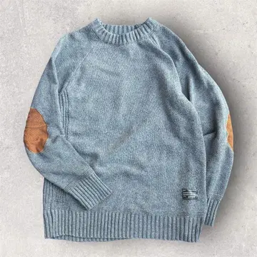 엘보 패치 니트 스웨터 그레이 크루넥 래글런 슬리브 아메카지