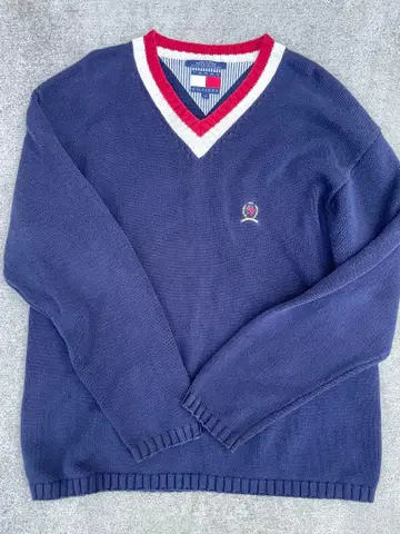 90s TOMMY HILFIGER 네이비 코튼 니트 로고 자수