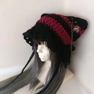 고양이 귀 니트 모자 핸드메이드 고딕 그런지 y2k 손뜨개 모자 참 포함