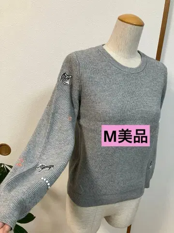 니트 스웨터 니트 스웨터 동물 자수 그레이 긴팔 스웨터 M 새상품급