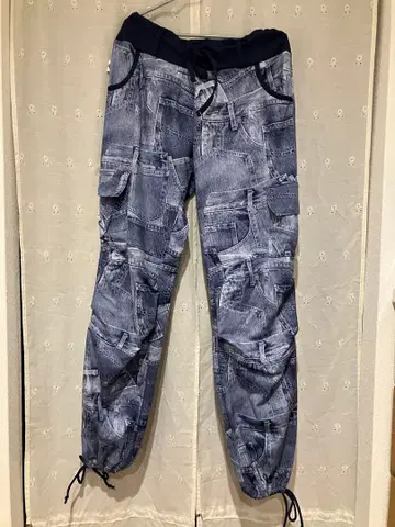 MIKALANCE 데님 패턴 카고 팬츠 허리밴딩