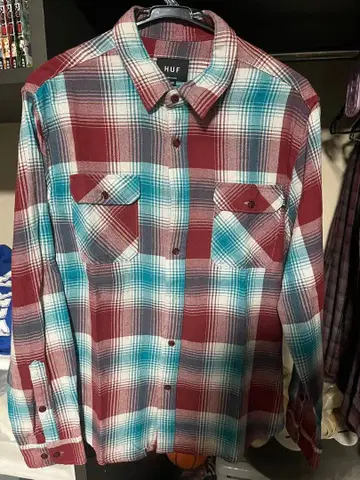 HUF 긴팔 셔츠 M 빨간색과 파란색 체크 무늬