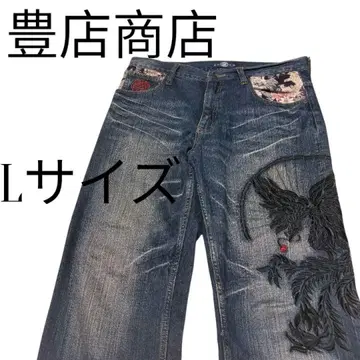 [ 새상품급 ] 부덴쇼텐  L 일본풍 패턴 용 자수 데님 팬츠 청바지