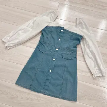 [ 새상품급 ] 스퀘어넥 데님 미니 원피스 긴팔 원피스