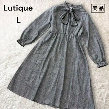 새상품급 루티크 A라인 원피스 면 혼방 체크 무늬 리본 그레이 L