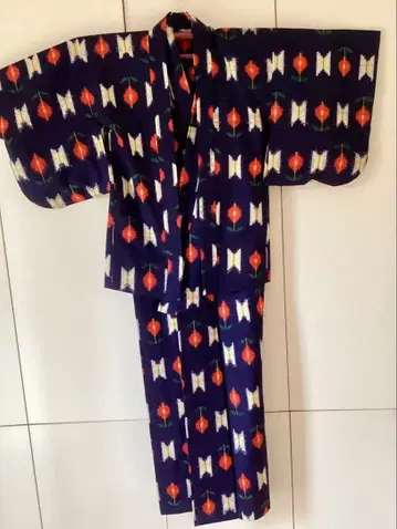(미착용) 울 기모노 앙상블 다크 네이비 레트로 패턴 M 사이즈