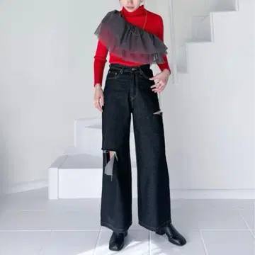 [ 새상품 ] 데미지 와이드 스트레이트 데님