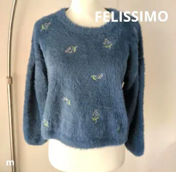 FELISSIMO 탁한 블루 샤기 니트 플라워 자수 촉감 발군