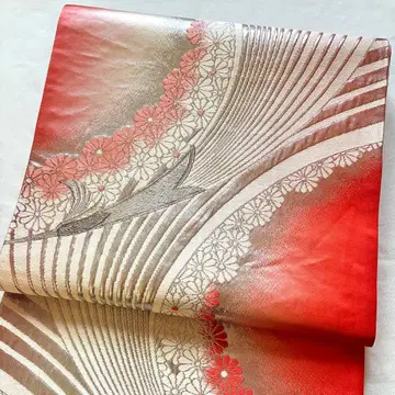 (쇼와 당시물) 오렌지 핑크 화이트 은사 새 패턴 꽃무늬 후쿠로 오비